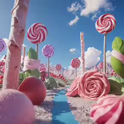 a number of giant lollipops in the sand near water