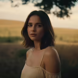 the beautiful woman is posing in front of the trees