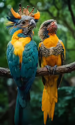 two parrots, one with blue, yellow and orange feathers