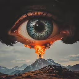 an eye appears to have glowing flames as it is being captured