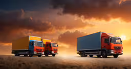 three colorful trucks lined up in a row on a cloudy day,two delivery trucks parked on a road with a sunset behind them