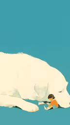 this picture depicts an adult dog with his own stuffed animal toy,the painting shows a white dog lying down and its head resting on a toy orange