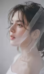 an asian woman is in sheer mesh and looks up