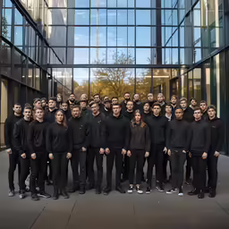a group of people in black clothes and some are posing for a photo