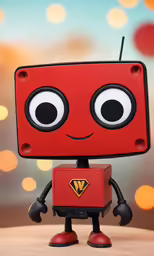 an adorable little robot standing next to a red box
