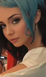 woman with blue hair wearing white and blue ring