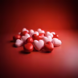 several heart shaped candies lying together in the middle of a photo