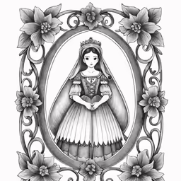 an ornate frame decorated with flowers and a young woman in a dress with a crown in the center