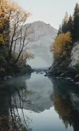 a scenic photo of a river in autumn