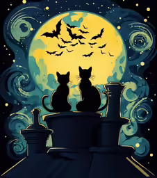 two cats are on top of a chimney at night