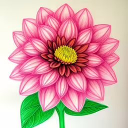 a drawing of a pink flower with green leaves,a flower drawing is shown on a white wall