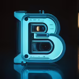 a silver camera with the letter b illuminated in it
