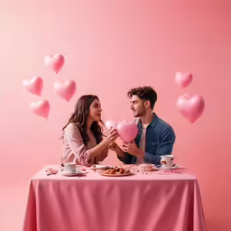 the man and woman is sitting at a table together and holding their hands