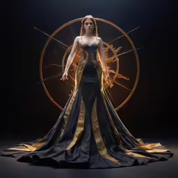a woman wearing a black and gold dress in front of a wheel