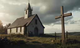 a white old church sitting in the middle of a field