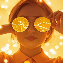 the woman in yellow is looking into the mirror