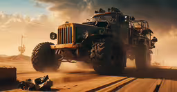 two monster trucks running on dirt with wires in the background,a large truck driving down a dirt road