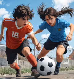 two children playing soccer together on a gravel lot