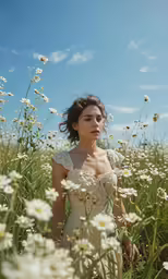 a woman is standing in some daisies outside