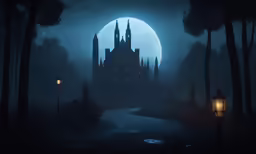 a castle in the moonlight near a light pole