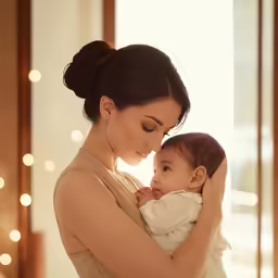 a woman is holding a small child in her lap
