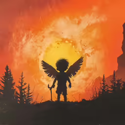 a painting of an angel stands over a sunset