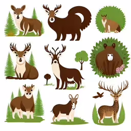 a number of animals in a field with trees,a cartoon of different types of animals in a jungle