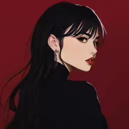 a anime girl with black hair, red lips and bangs