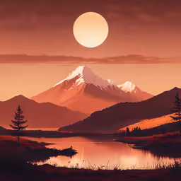 the sun rising over mountains with lake and trees in foreground,a large mountain covered in a bright orange sun