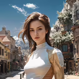 a close up of a woman standing on a street