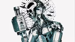 the robot with his arms open is surrounded by birds,a drawing of a robot with various things around him