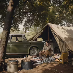 man sitting in the shade under a tent