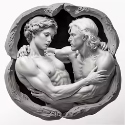 a marble statue depicting two nudes in a circle