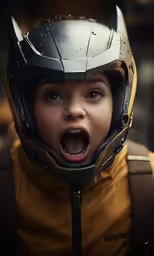 a child wearing a motorcycle helmet and wearing the helmet is making an open mouth