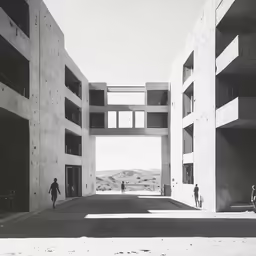 black and white photograph of people walking through an open air courtyard