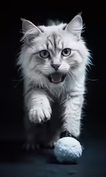 a cat chasing after a ball in the dark