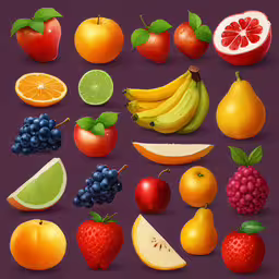 a colorful set of fruit is shown here,a group of fruits including grapes, lemons, apples, and oranges
