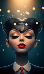 a woman with her eyes closed and red lipstick
