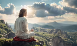a person in a white robe sitting on a rock