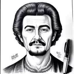 drawing of an actor with a sharp pointed black pen,a drawing of albert cooper with a pen,a black and white photo of abraham lincoln in one point,a black and white drawing of edgar adder,drawing by michael cotherano of chesny cheetosel