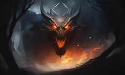 an orange dragon head is on fire in front of the mountain