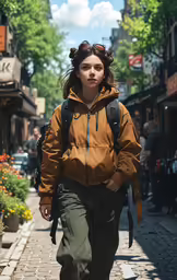 a woman in a tan jacket walks down the street