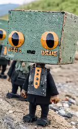 toy robots wearing a small cardboard box on their heads