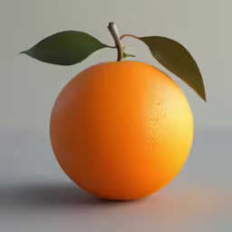a single orange with two green leaves sitting on a table