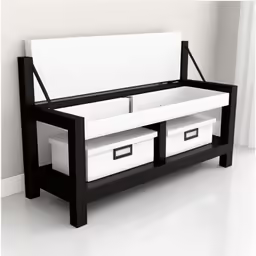 an black and white couch with white drawers