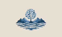 a blue and white graphic of a tree in a snowy landscape