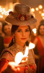 a beautiful woman wearing a fancy hat with lights