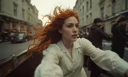 a woman in white blouse riding down the street