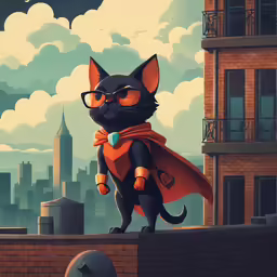 cartoon black cat wearing cape walking along a street