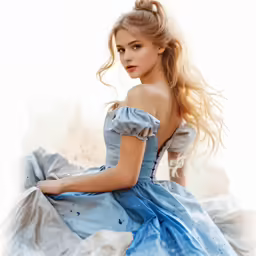 a painting of a girl in a blue dress sitting down